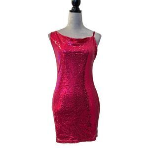 Women's Sparkly Hot Pink Sequin Spaghetti Strap Mini Dress S Prom Y2k Mermaid